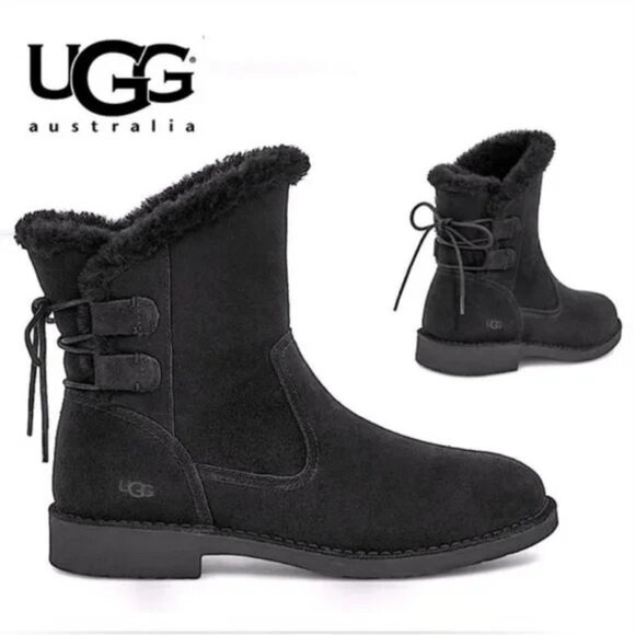 🆕UGG Naiyah Genuine Shearling Tie Bootie Ankle Boot Black 6 - Picture 1 of 9
